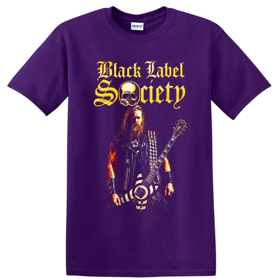 Black Label Society guitarist and skull heavy metal graphic with gothic lettering on a Purple T Shirt