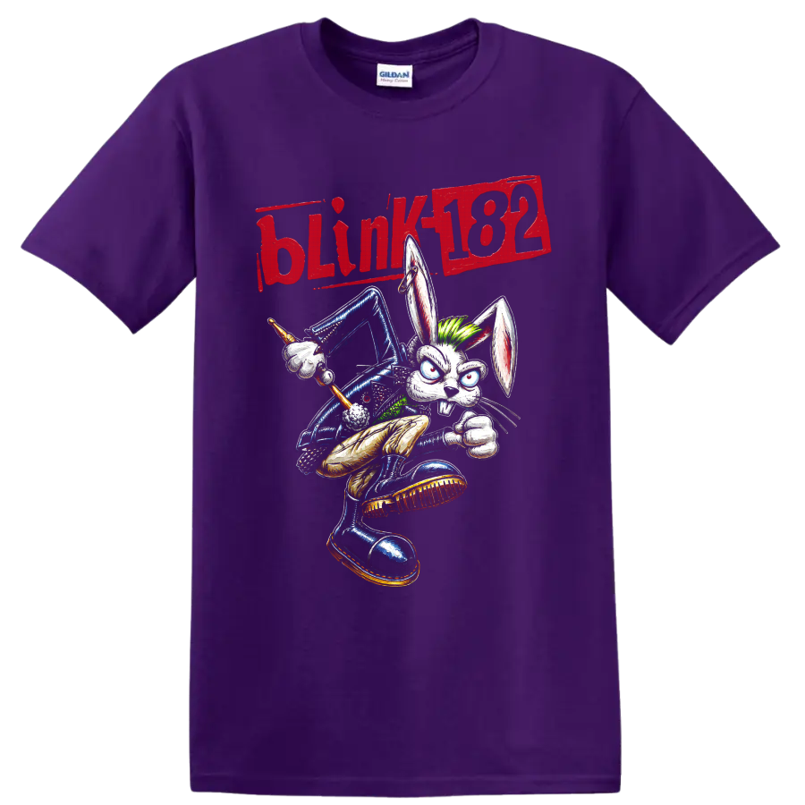 Blink-182 rabbit drummer punk rock cartoon graphic with distressed lettering on a Purple T Shirt