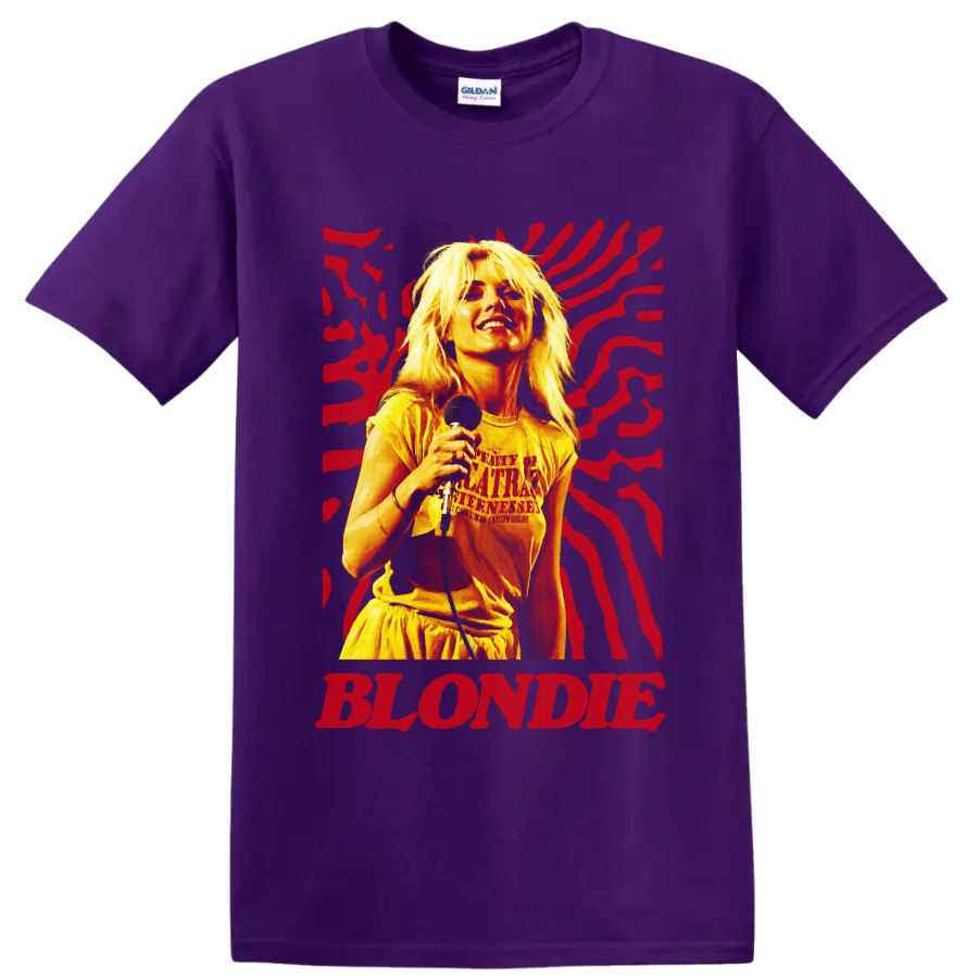Blondie singer with microphone and red graphic stripes on a Purple T Shirt