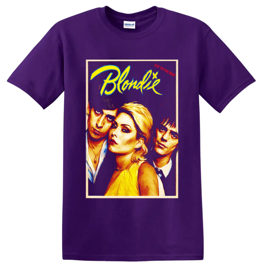 Blondie rock band portrait graphic with bold retro lettering on a Purple T Shirt
