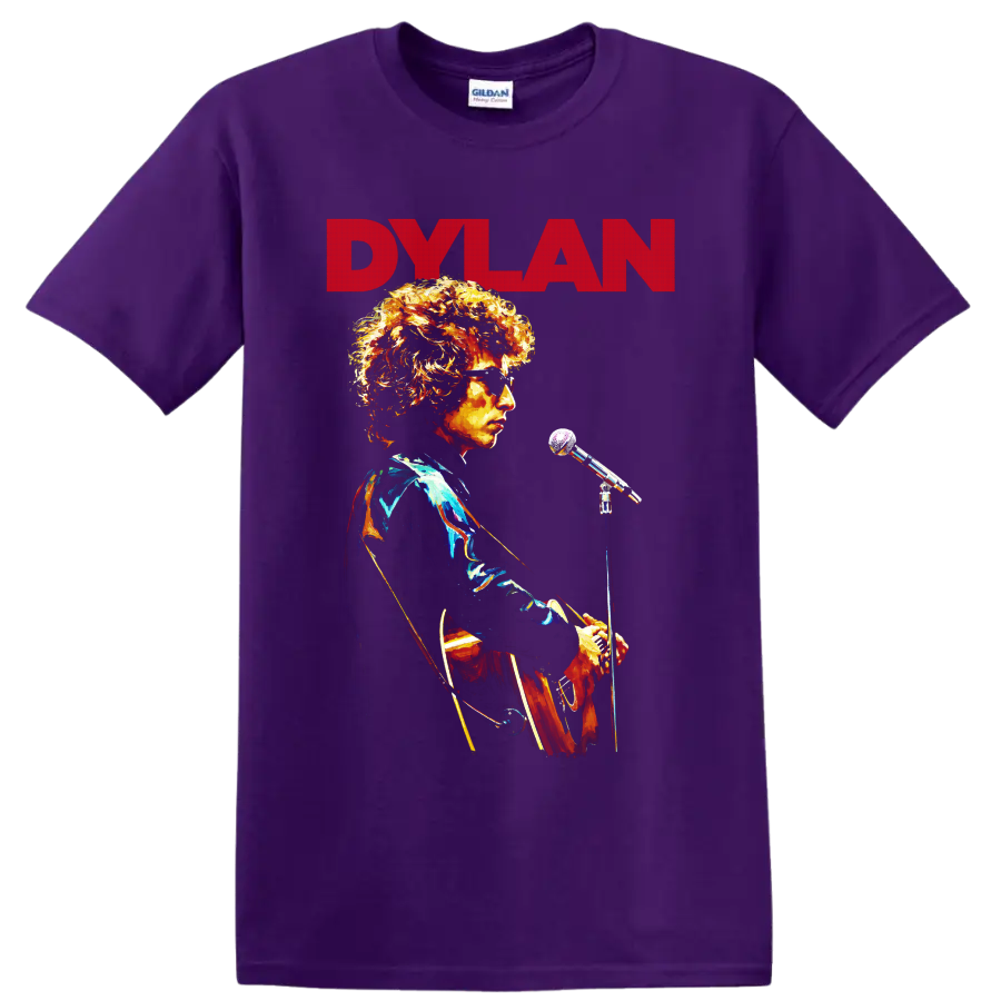Bob Dylan folk rock performance portrait with DYLAN text on a Purple T Shirt