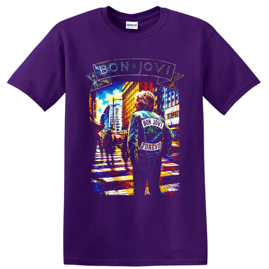 Bon Jovi urban street art design with BON JOVI banner and denim-jacketed figure on a Purple T Shirt