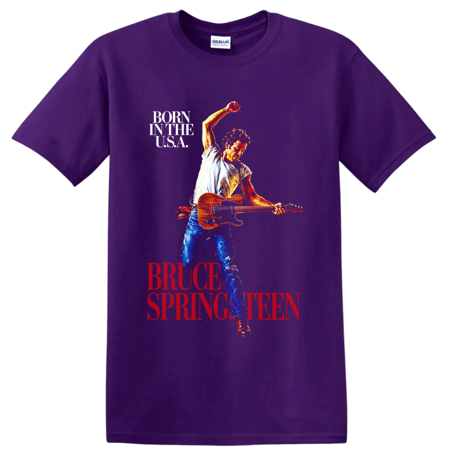 Bruce Springsteen Born in the USA vintage guitar performance graphic on a Purple T Shirt