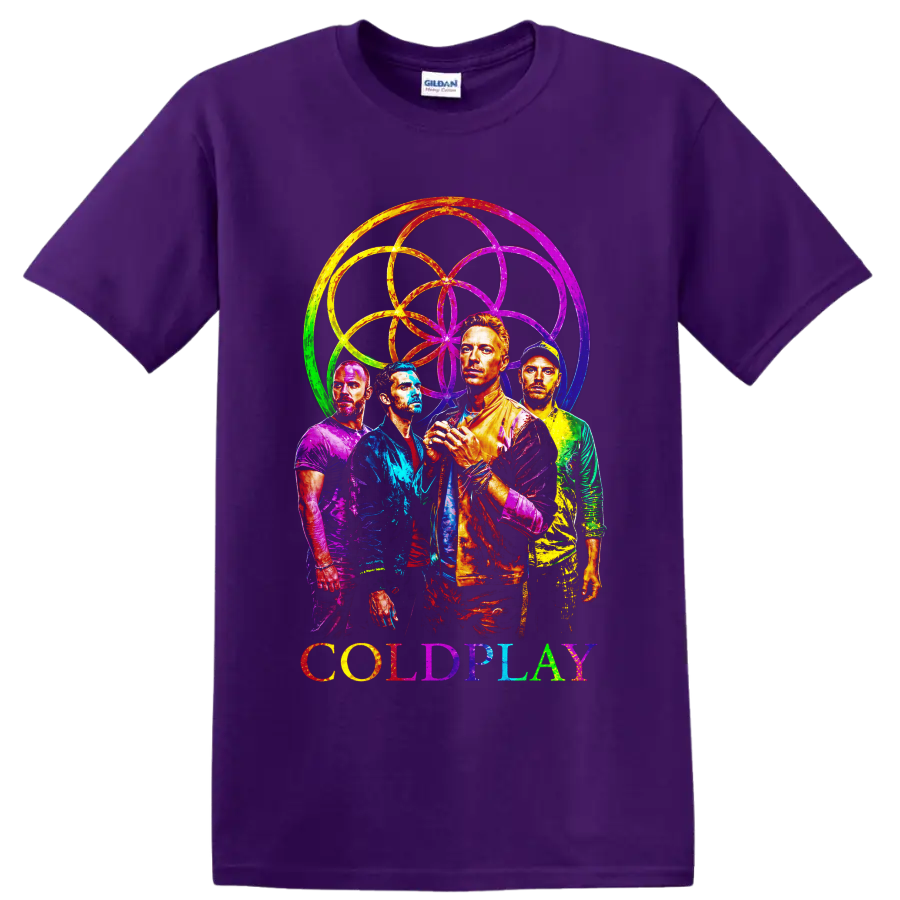 Coldplay band portraits with colorful rainbow circular graphic and logo on a Purple T Shirt