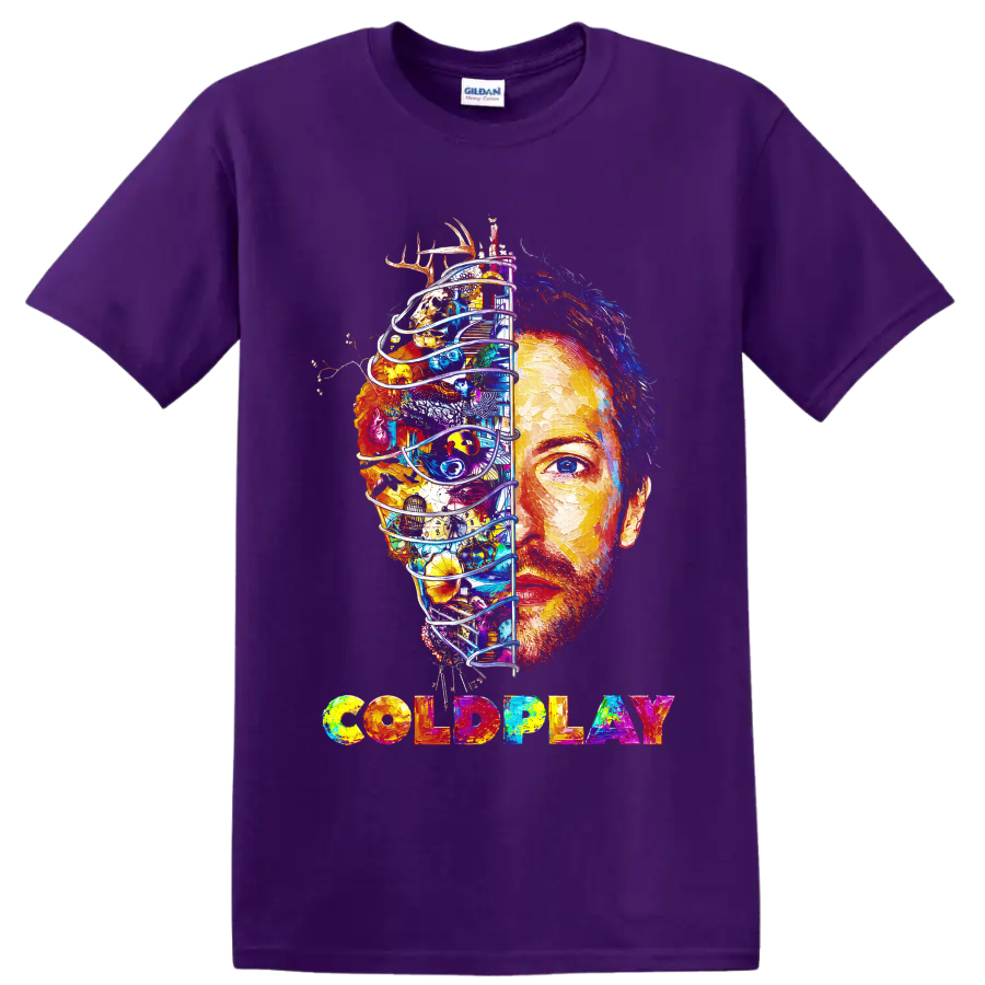 Coldplay colorful split-face portrait graphic with multicolored band lettering on a Purple T Shirt