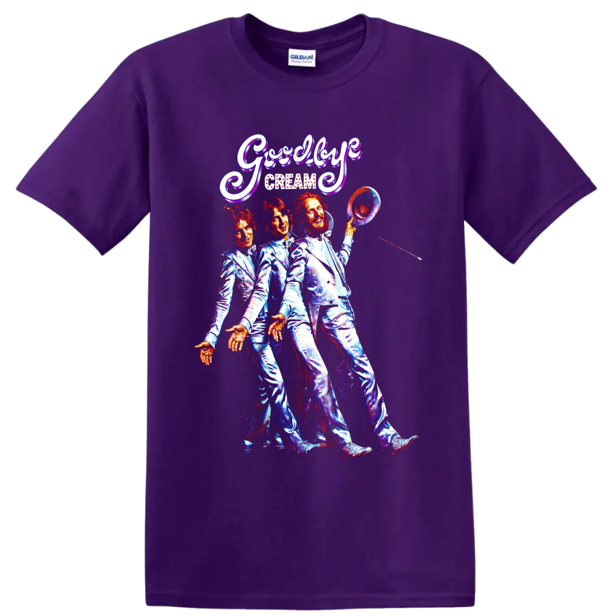 Cream rock band vintage Goodbye concert graphic with three performers on a Purple T Shirt