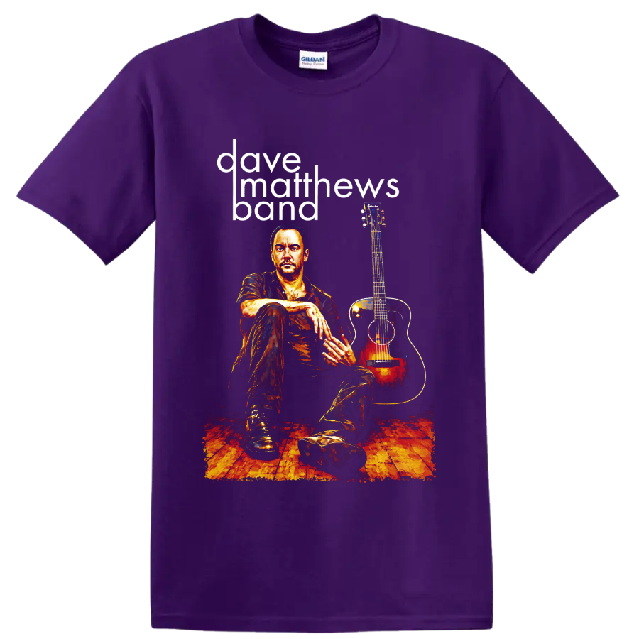 Dave Matthews Band guitarist with acoustic guitar and bold lettering on a Purple T Shirt