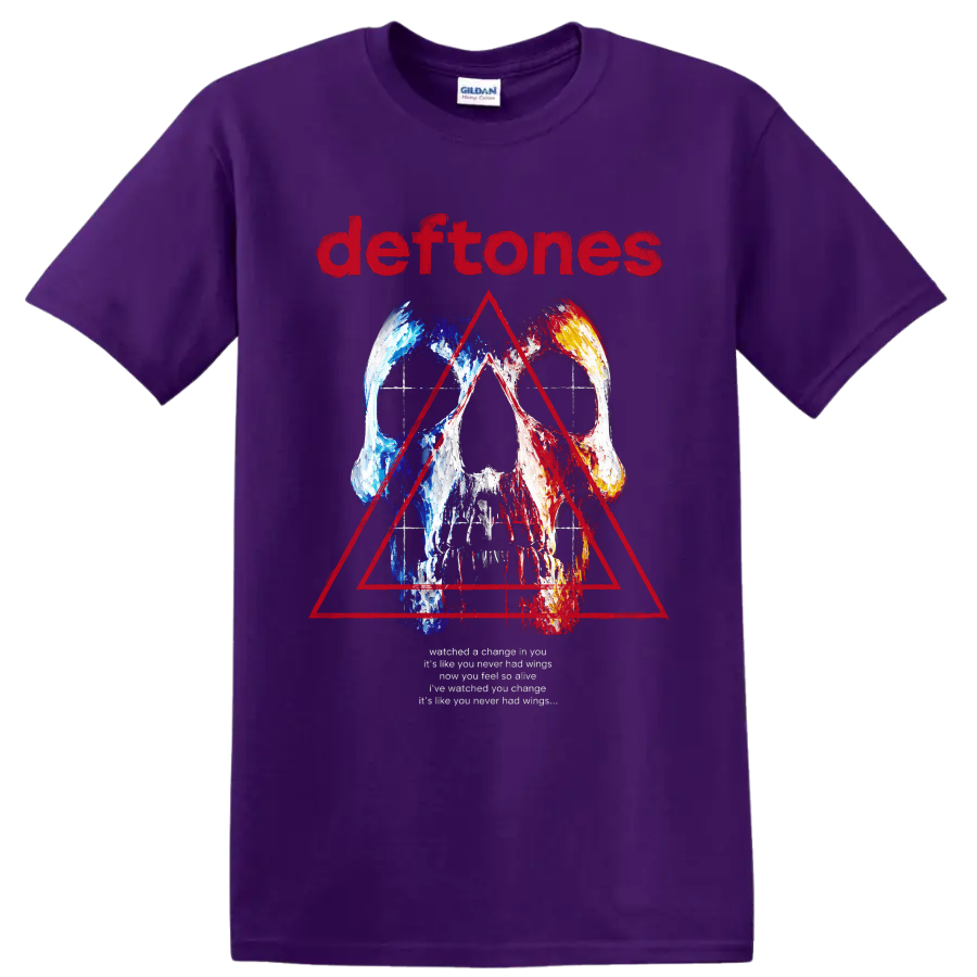 Deftones distressed skull and red triangle rock graphic with band name on a Purple T Shirt