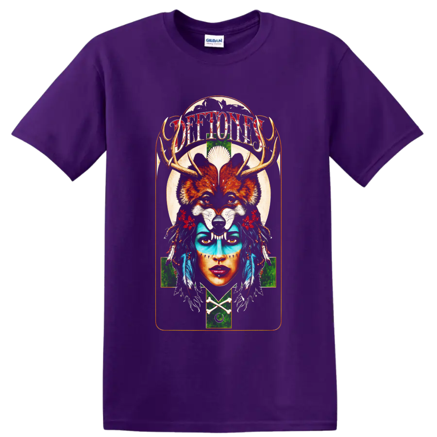 Deftones fox skull portrait graphic with antlers, feathers, and flowers on a Purple T Shirt