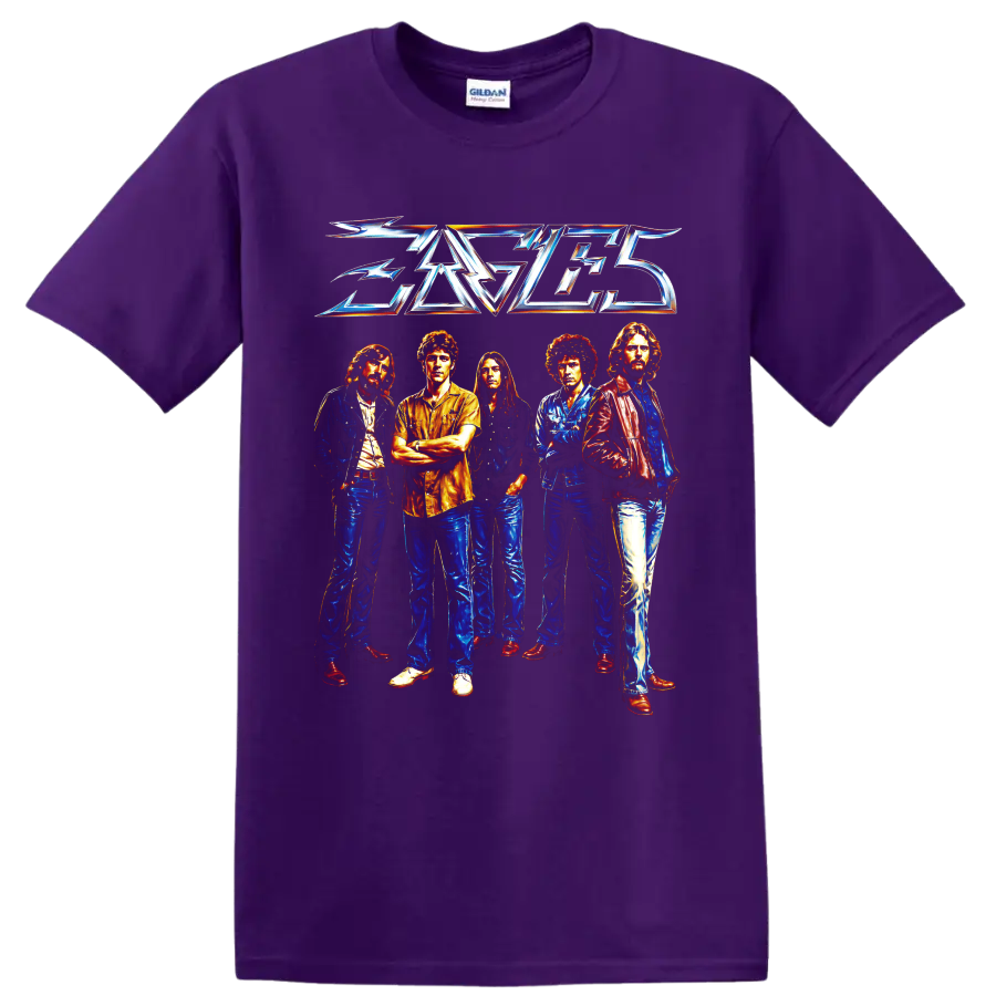 Eagles rock band five-member portrait with metallic logo graphic on a Purple T Shirt