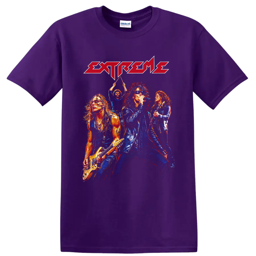 Extreme rock band concert graphic with singer, guitarists, drummer, and logo on a Purple T Shirt