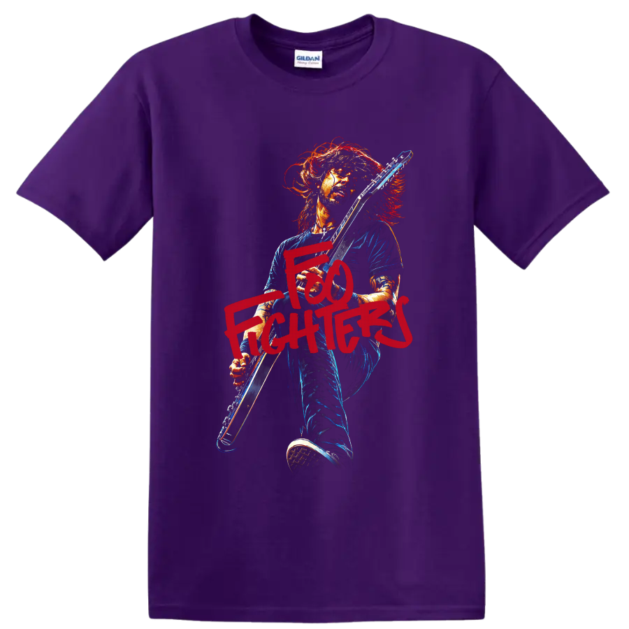 Foo Fighters guitarist rock artwork with bold red lettering on a Purple T Shirt