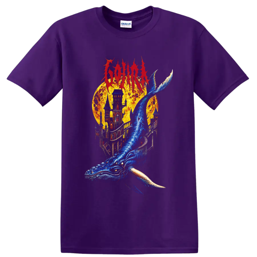 Gojira metal graphic with blue whale, fiery castle, and fantasy artwork on a Purple T Shirt