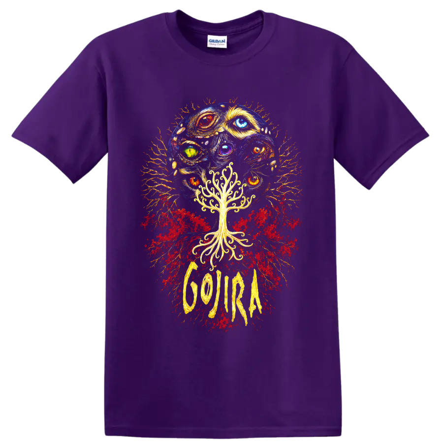 Gojira psychedelic cosmic eyes and glowing tree graphic print on a Purple T Shirt