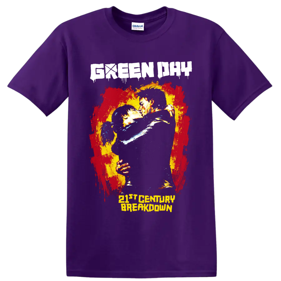 Green Day 21st Century Breakdown distressed punk rock embracing couple graphic on a Purple T Shirt
