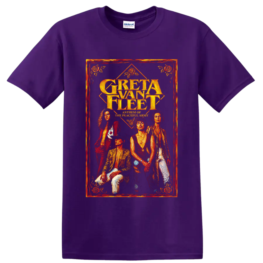 Greta Van Fleet vintage rock band portrait graphic with gold lettering on a Purple T Shirt