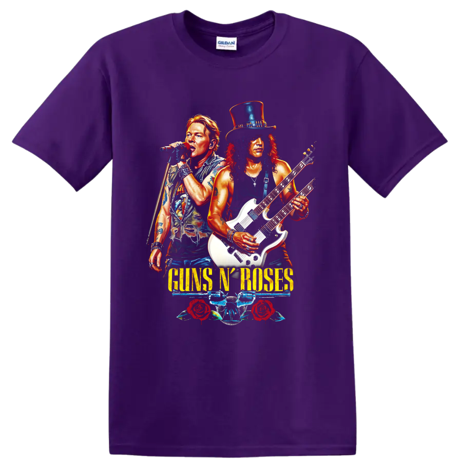 Guns N' Roses rock band graphic with singer, guitarist, roses, and pistols on a Purple T Shirt