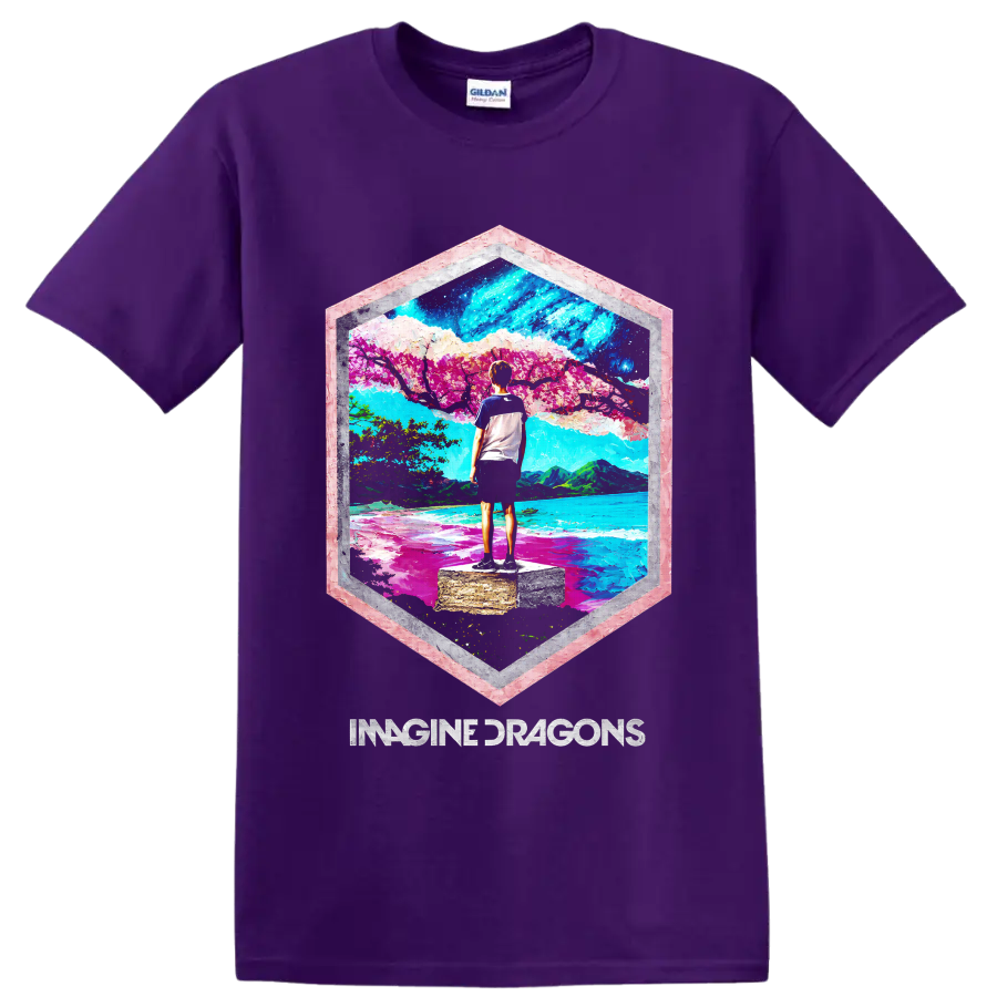 Imagine Dragons colorful mountain lake landscape graphic with band text on a Purple T Shirt