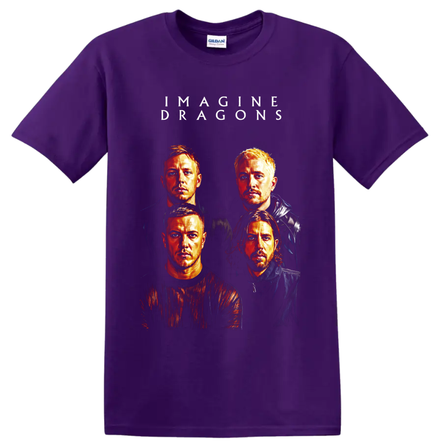 Imagine Dragons four-portrait rock band graphic with white lettering on a Purple T Shirt