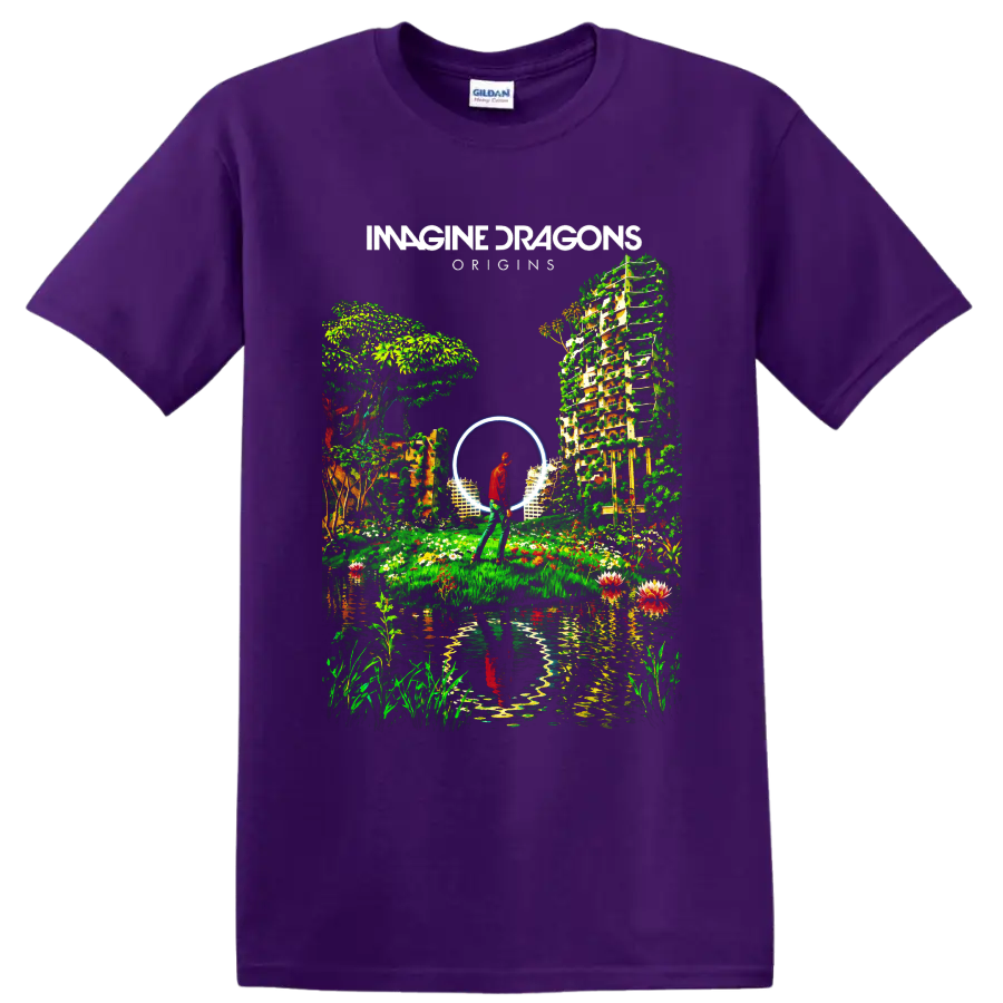 Imagine Dragons Origins surreal garden portal graphic with lone figure on a Purple T Shirt