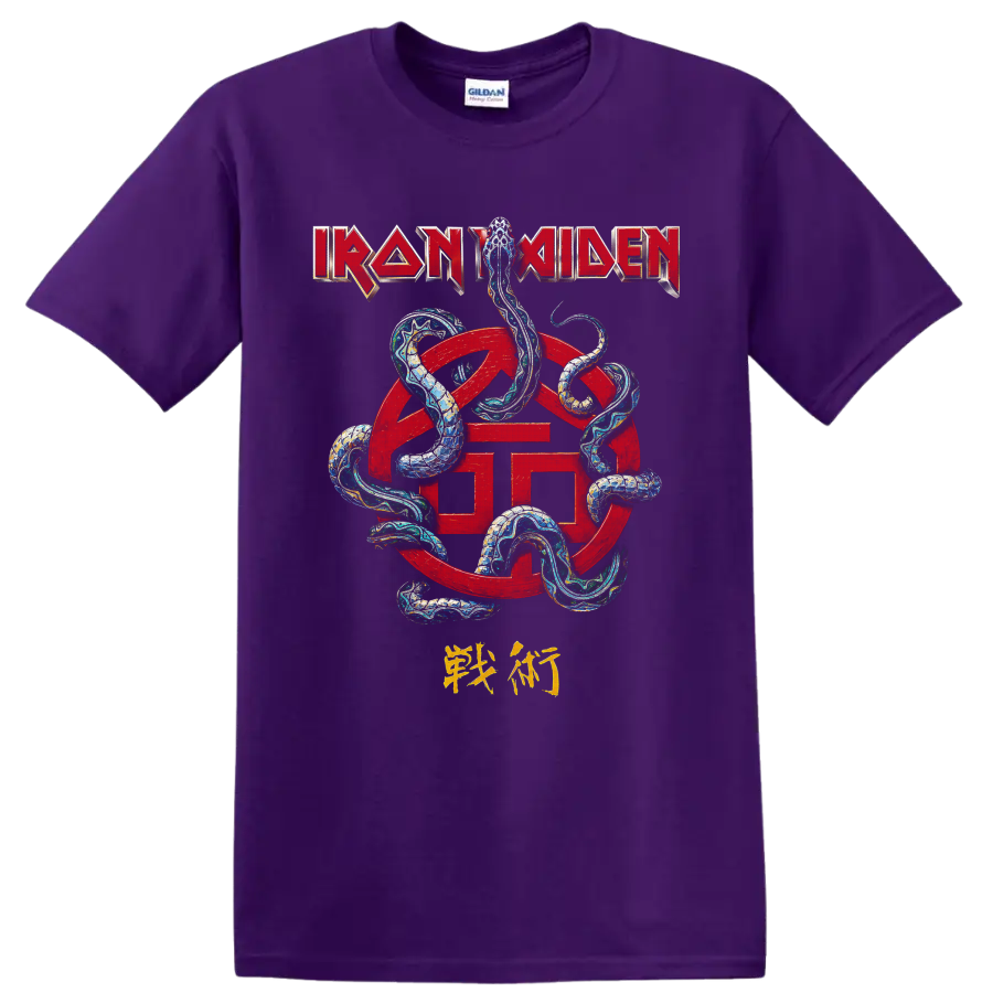 Iron Maiden logo with red emblem and intertwined serpent graphic on a Purple T Shirt