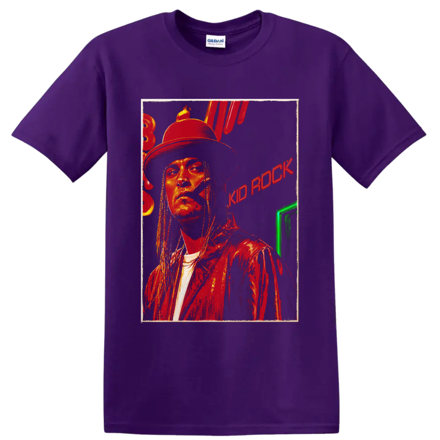 Kid Rock portrait in cowboy hat with distressed red rock graphic style on a Purple T Shirt