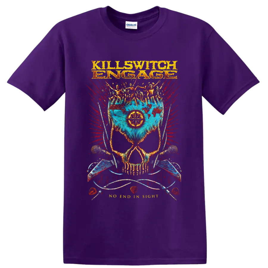 Killswitch Engage skull battle flag metalcore graphic with armored figures on a Purple T Shirt
