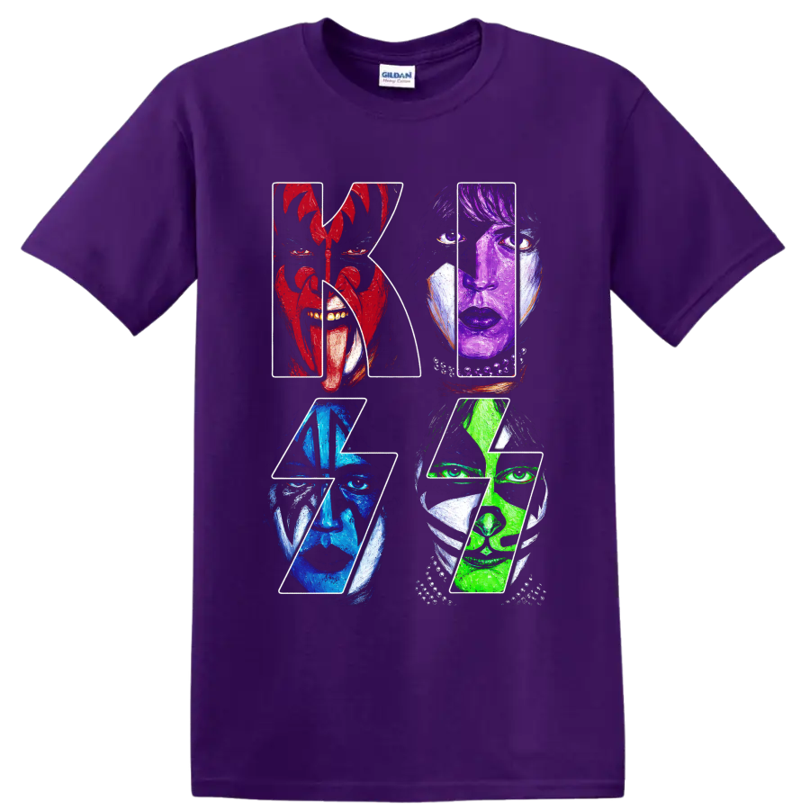 KISS rock band graphic with four colorful face-painted portraits on a Purple T Shirt