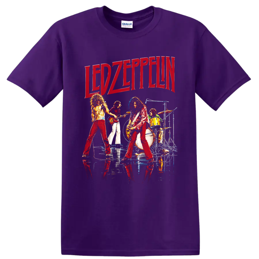 Led Zeppelin live concert graphic with red lettering and four musicians on a Purple T Shirt