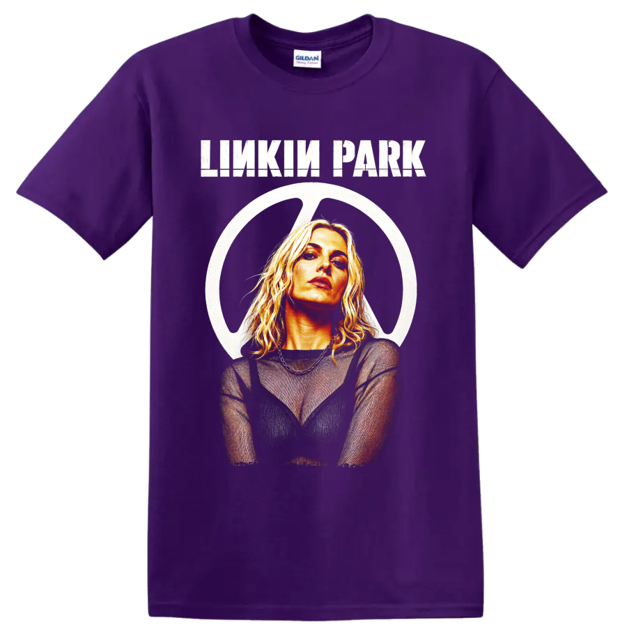 Linkin Park portrait graphic with distressed lettering and circular emblem on a Purple T Shirt