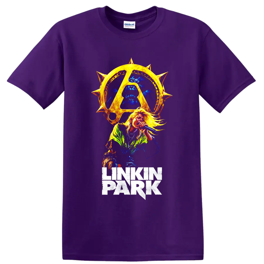 Linkin Park vocalist with golden spiked sun emblem graphic on a Purple T Shirt