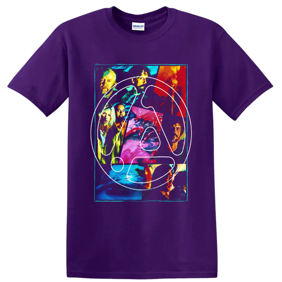 Linkin Park abstract portrait collage with colorful painted panels on a Purple T Shirt