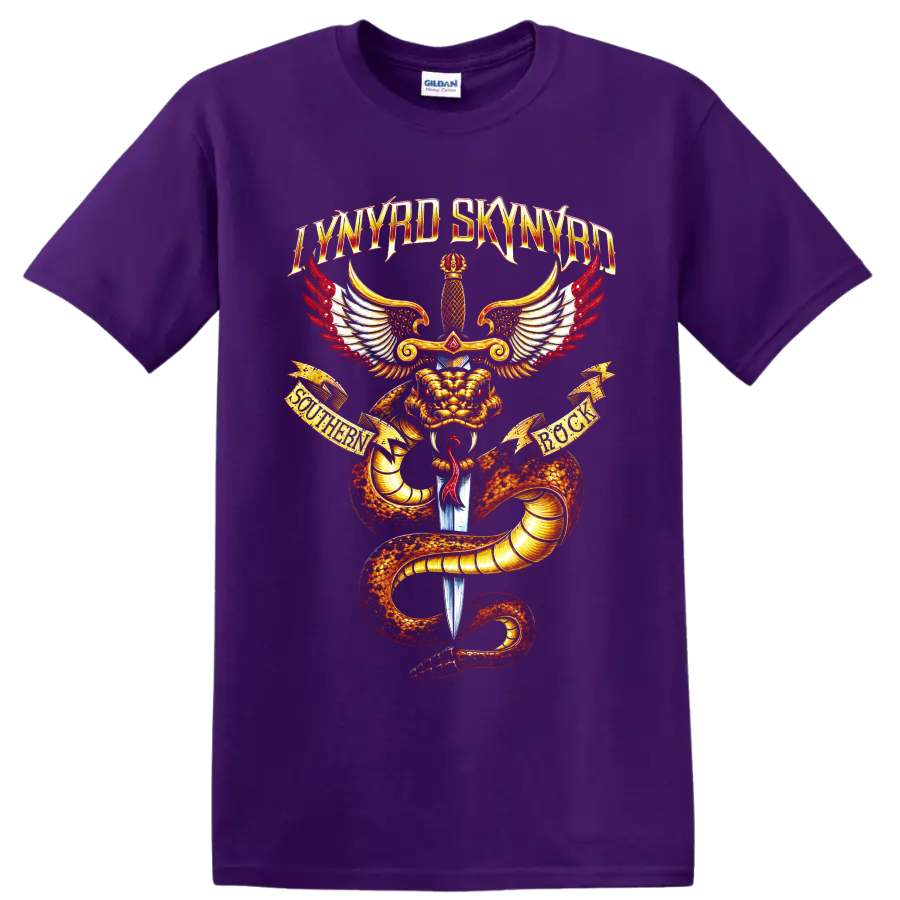 Lynyrd Skynyrd dragon, sword, and wings southern rock graphic on a Purple T Shirt