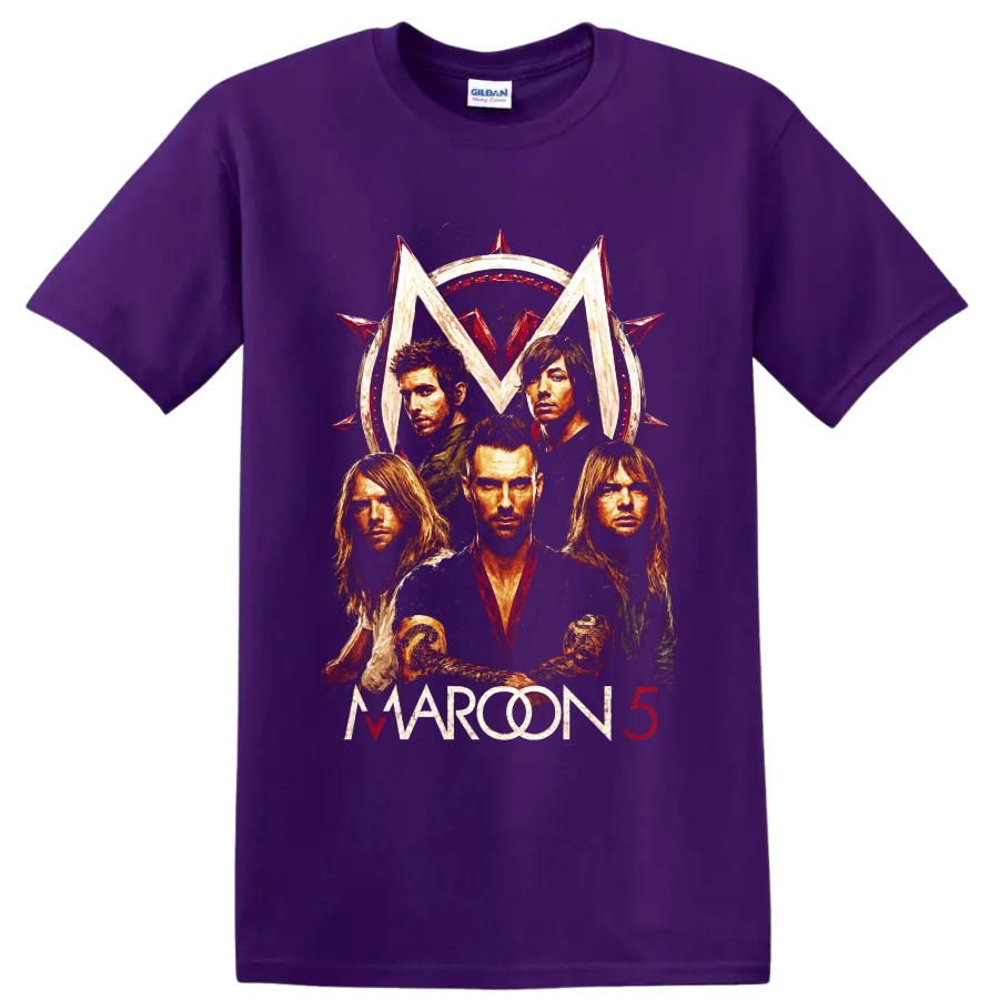 Maroon 5 distressed rock band portrait with red star emblem on a Purple T Shirt