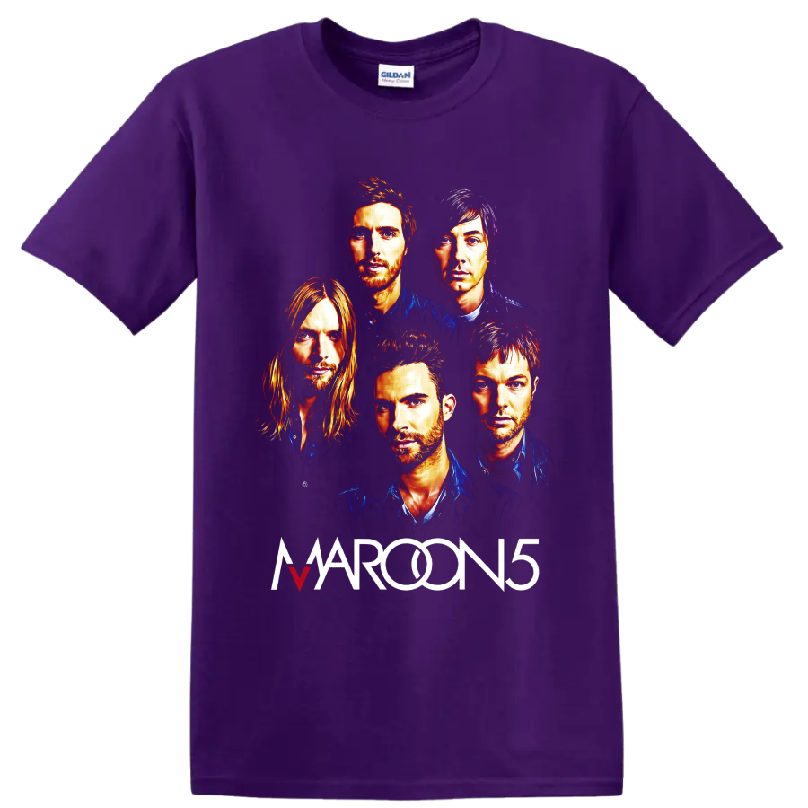 Maroon 5 five-member portrait graphic with bold band lettering on a Purple T Shirt