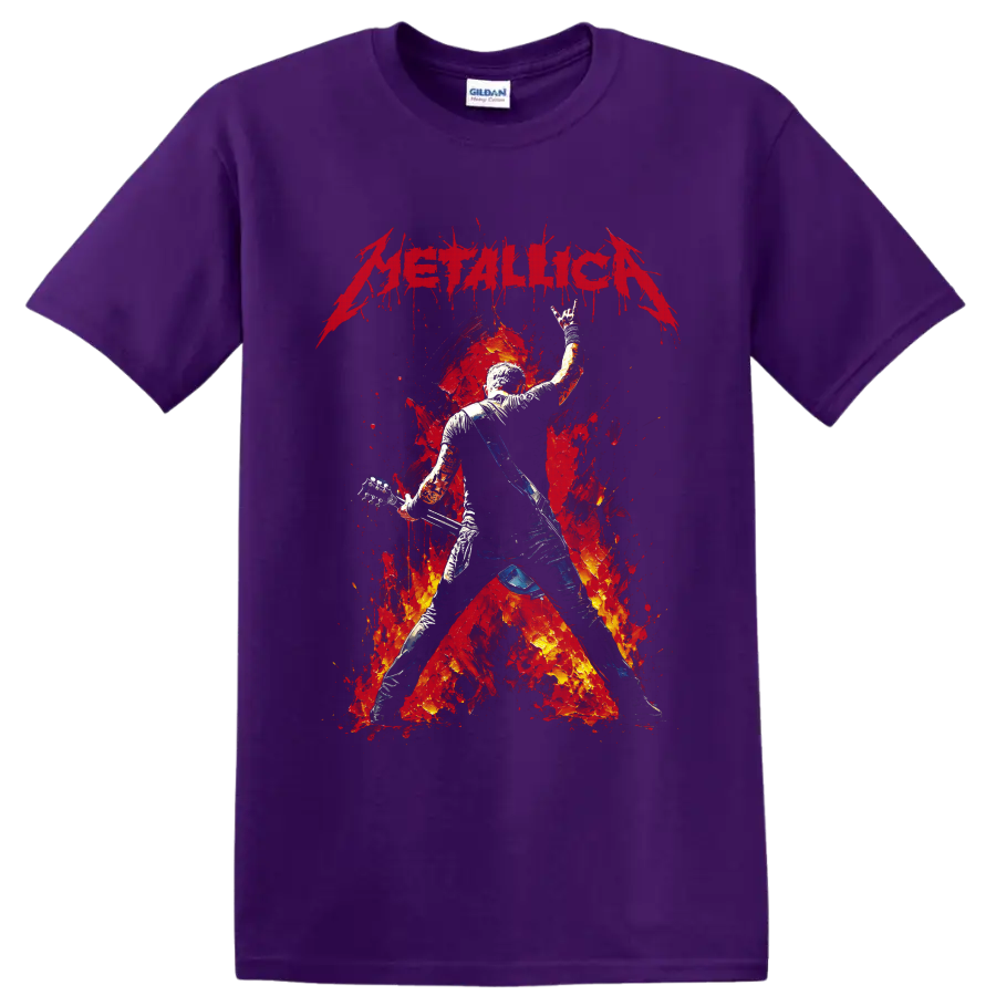 Metallica guitarist graphic with fiery red splatter and distressed logo on a Purple T Shirt