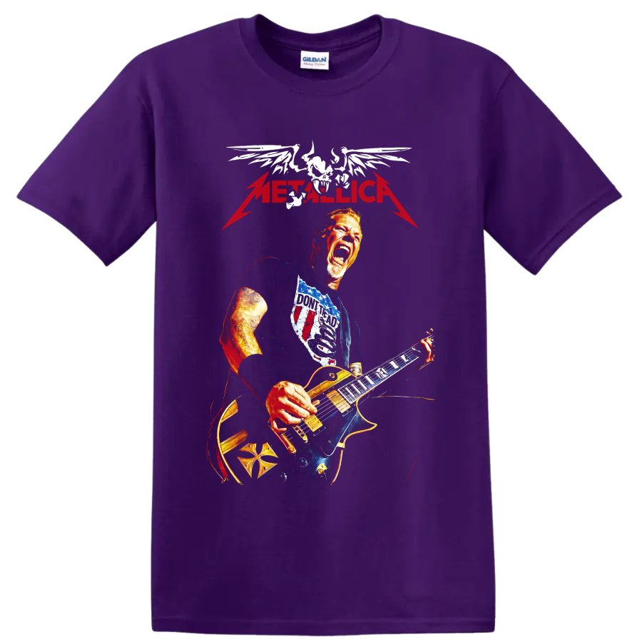Metallica guitarist with winged skull and lightning graphic on a Purple T Shirt