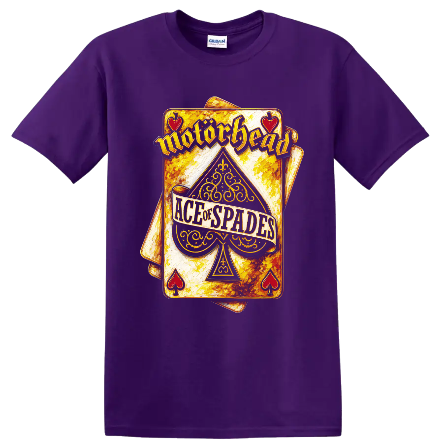 Motorhead Ace of Spades ornate vintage playing card graphic on a Purple T Shirt
