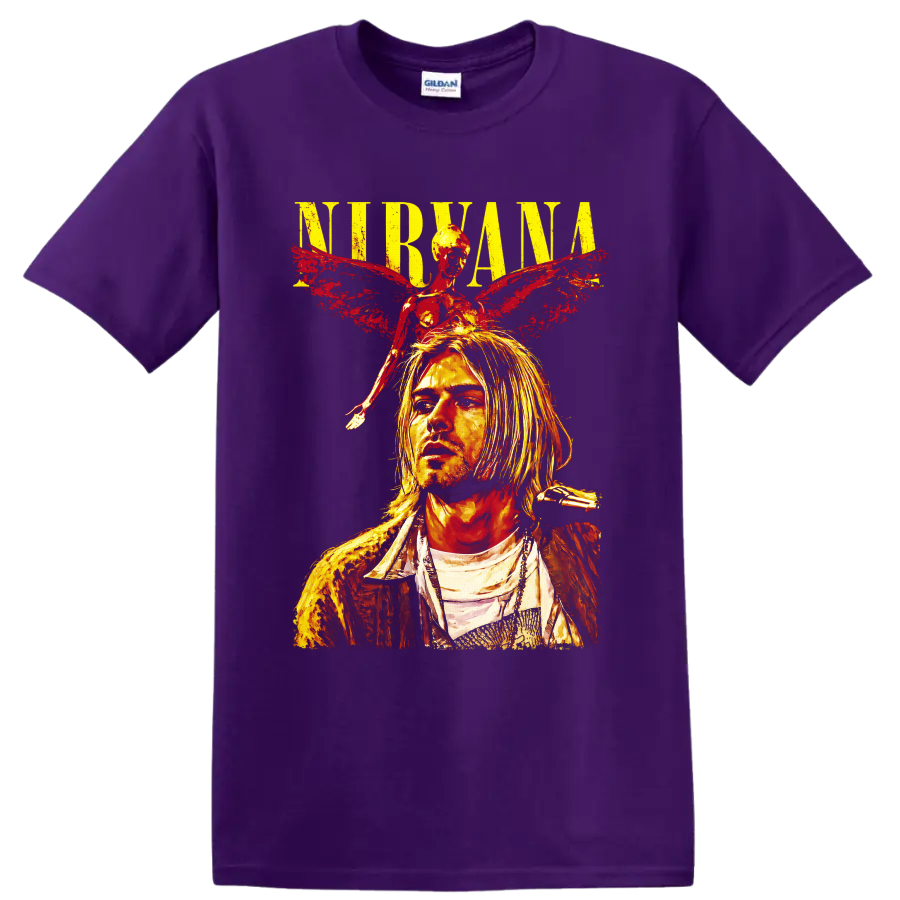 Nirvana Kurt Cobain portrait with angel wings in distressed grunge art on a Purple T Shirt