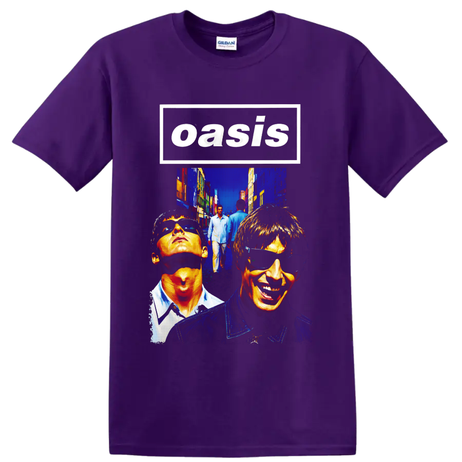 Oasis Britpop band portrait collage with bold street art style on a Purple T Shirt