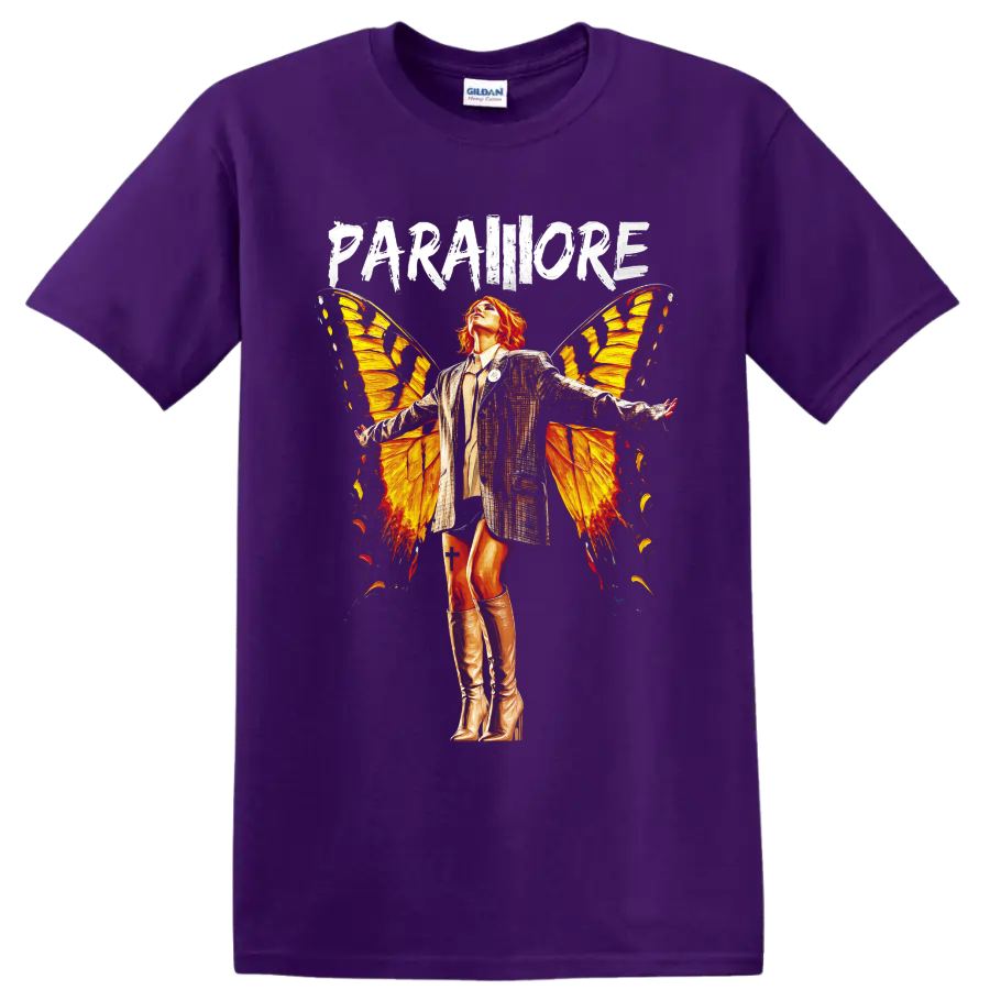 Paramore butterfly wings graphic with distressed PARAMORE lettering on a Purple T Shirt