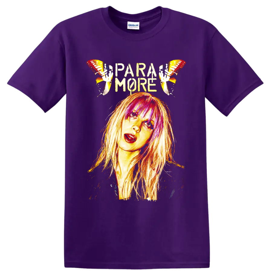 Paramore portrait graphic with pink-highlighted hair and electric guitars on a Purple T Shirt