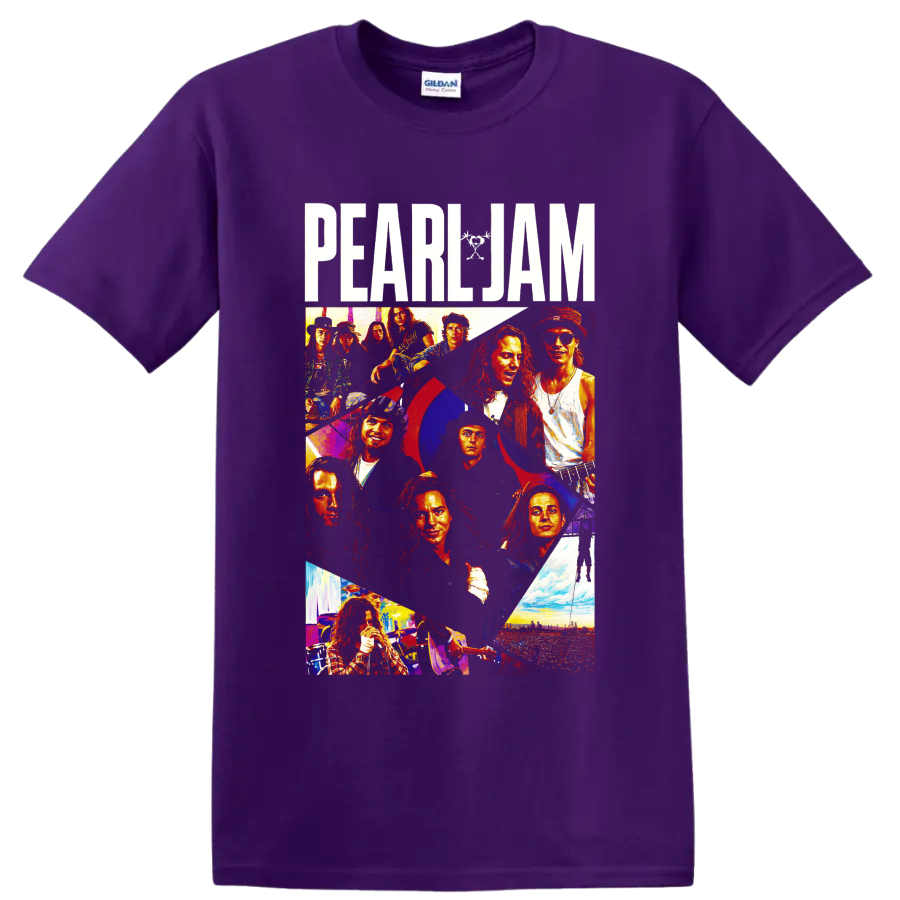 Pearl Jam rock band collage with performer portraits and concert scenes on a Purple T Shirt