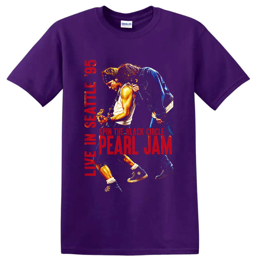 Pearl Jam live Seattle 93 guitarist concert graphic with red lettering on a Purple T Shirt