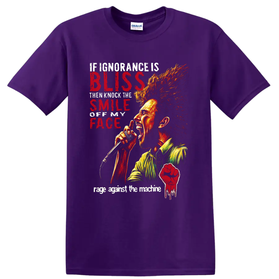 Rage Against the Machine protest rock singer microphone graphic with raised fist on a Purple T Shirt