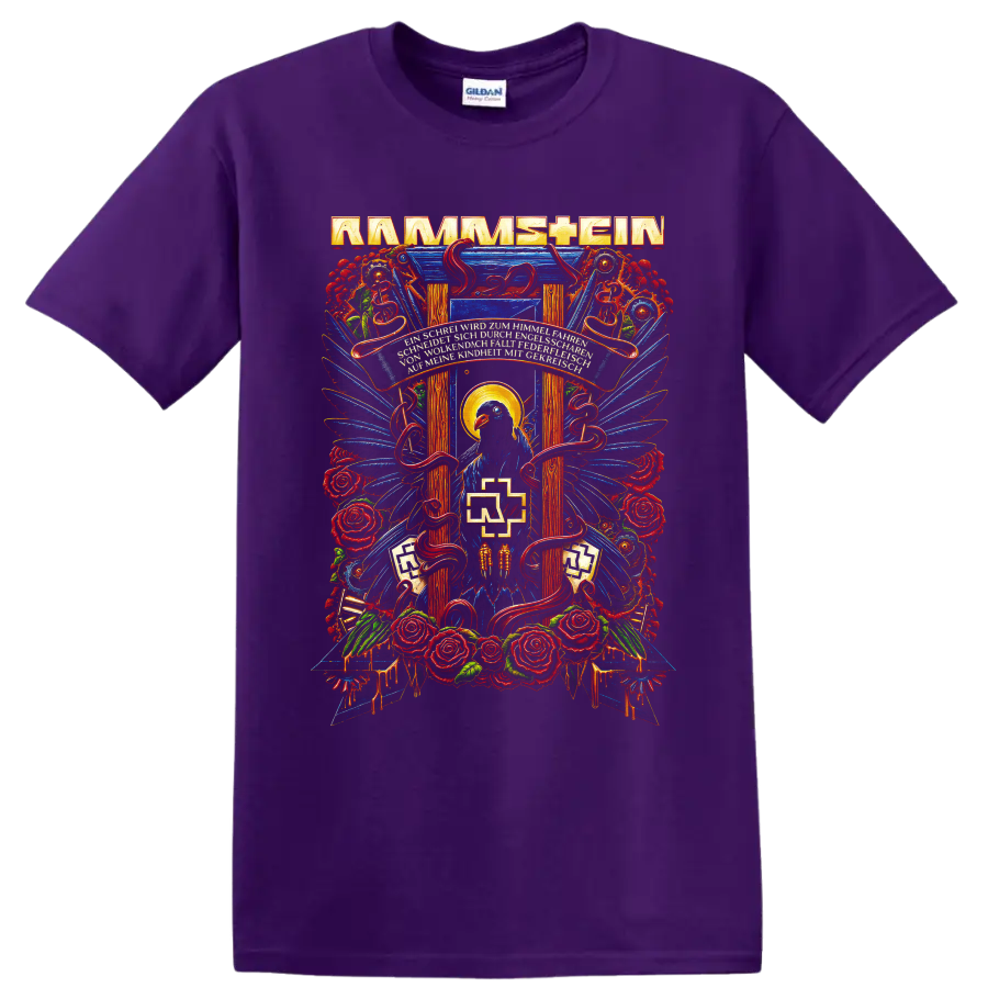Rammstein gothic raven, roses, serpents, and blue wings graphic print on a Purple T Shirt