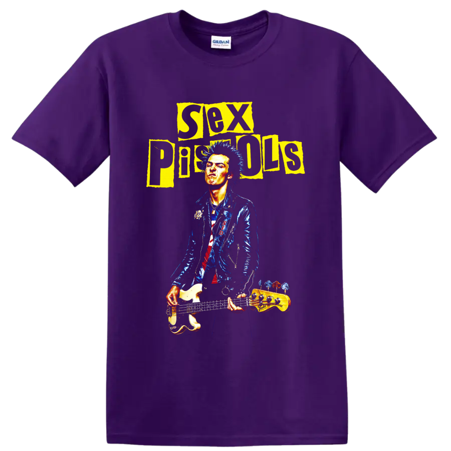 Sex Pistols punk rock bassist graphic with distressed yellow lettering on a Purple T Shirt