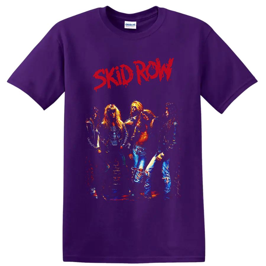 Skid Row glam metal band portrait with distressed red lettering on a Purple T Shirt