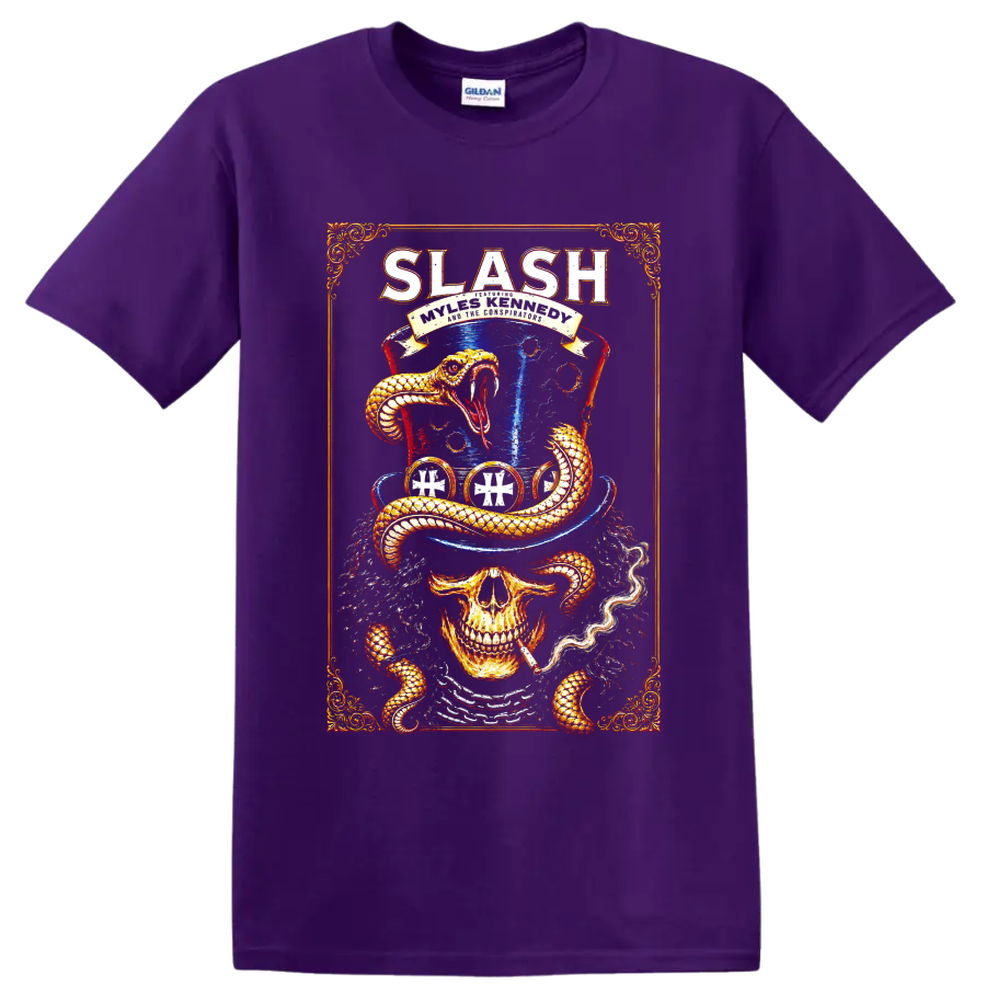 Slash skull and coiled snake rock graphic with blue top hat on a Purple T Shirt