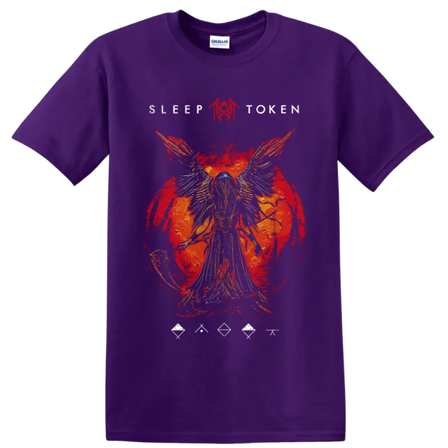 Sleep Token winged figure red grunge graphic with distressed artwork on a Purple T Shirt